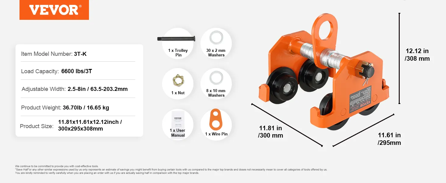 Dimensiones del carro manual VEVOR y lista de componentes con piezas etiquetadas y especificaciones.