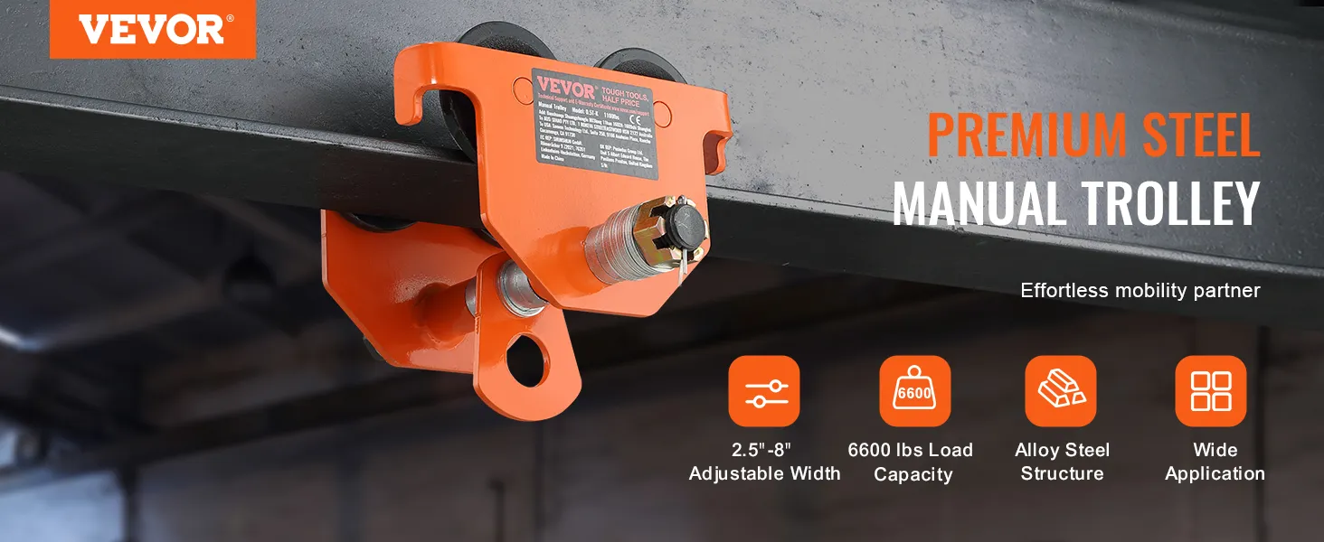 Carro manual VEVOR sobre viga de acero con capacidad de carga de 6600 lbs y ancho ajustable de 2,5"-8".