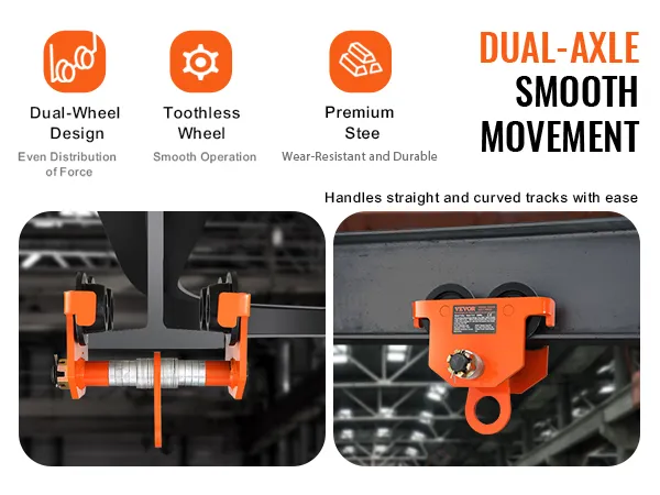 Carro manual VEVOR con sistema de doble eje para un movimiento suave, con acero de primera calidad y diseño de ruedas sin dientes.