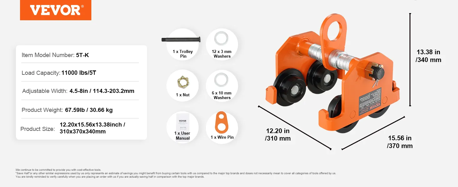 VEVOR manual trolley, load capacity 11000 lbs, adjustable width 4.5-8in, product dimensions 12.20x15.56x13.38in.