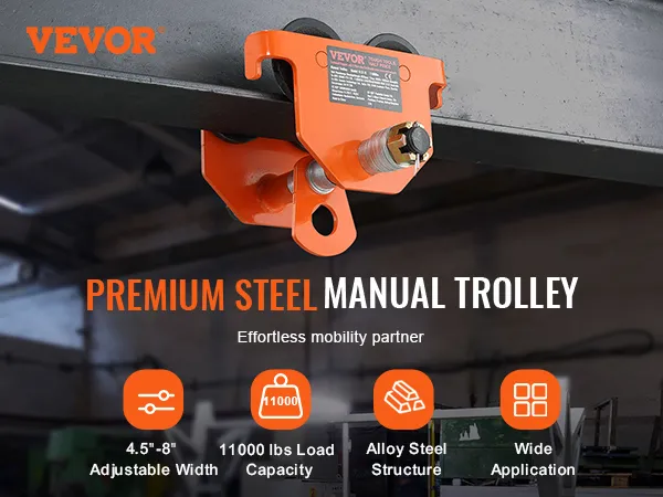 VEVOR manual trolley in premium steel with adjustable width, 11000 lbs load capacity, and alloy structure.