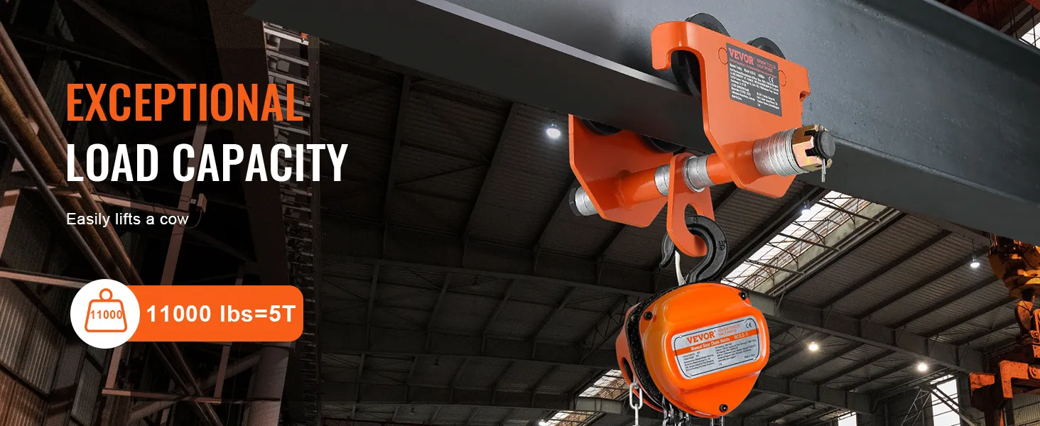 VEVOR manual trolley lifting 5 tons in an industrial warehouse with exceptional load capacity text.