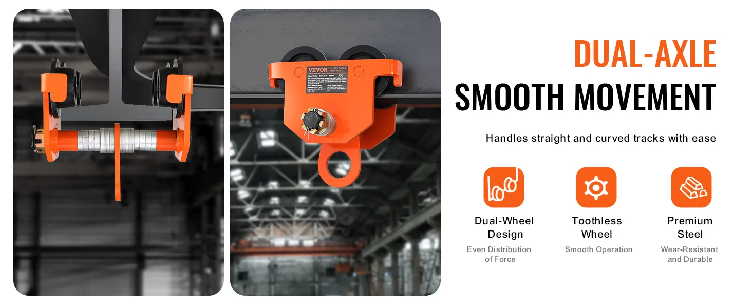 VEVOR manual trolley showcasing dual-axle design, smooth movement, and premium steel durability.