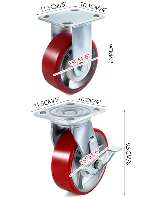 red VEVOR caster wheels with measurements: 15cm diameter, 11.5cm and 10.1cm plates.