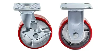 red and silver VEVOR caster wheels, one swivel with brake, one fixed.
