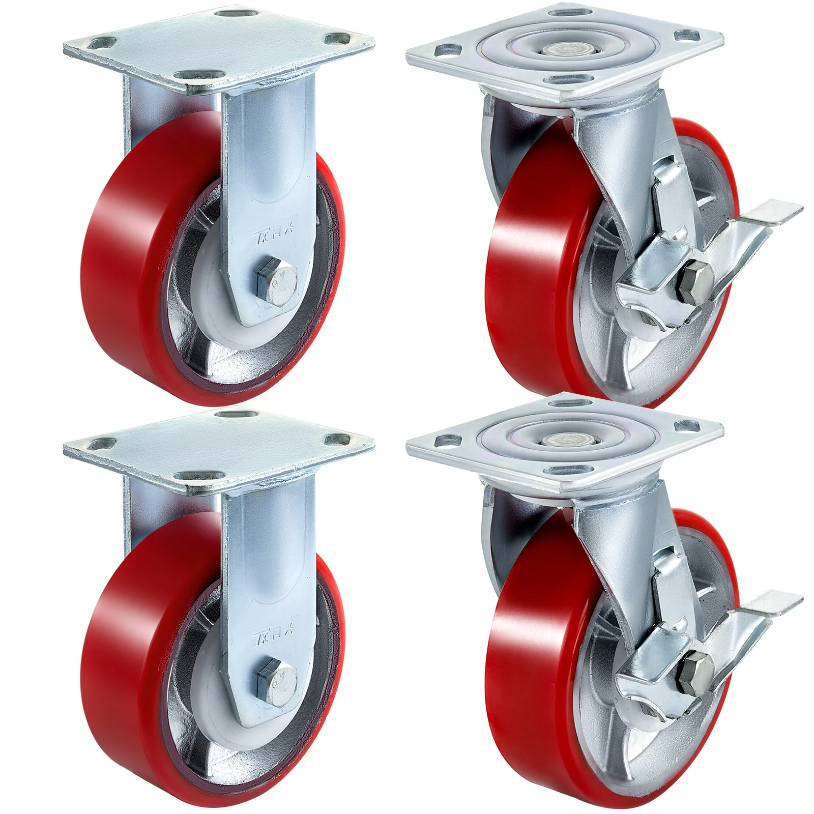 red and silver VEVOR caster wheels, set of four with two locking mechanisms.