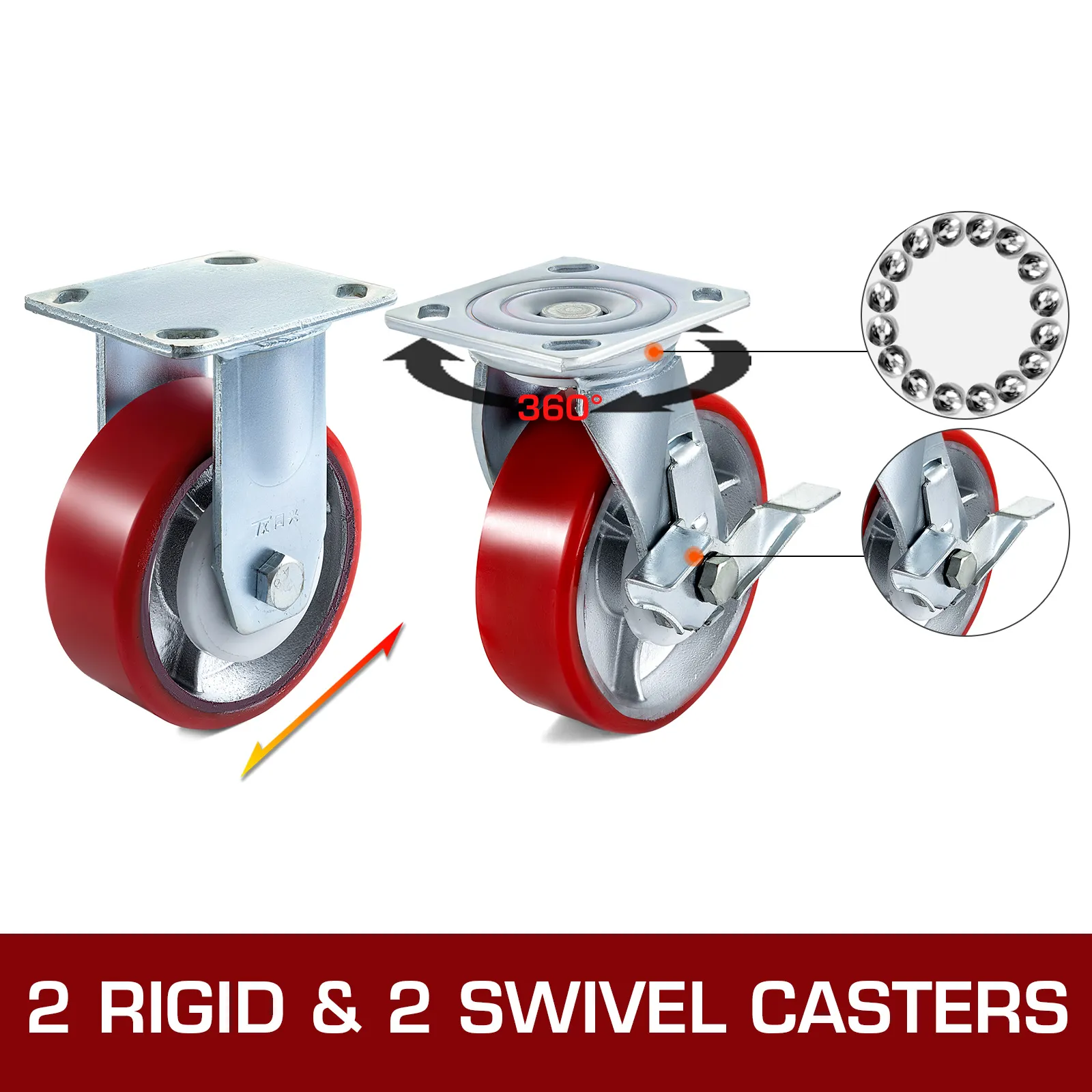 VEVOR caster wheels showing 2 rigid and 2 swivel with red polyurethane tires.