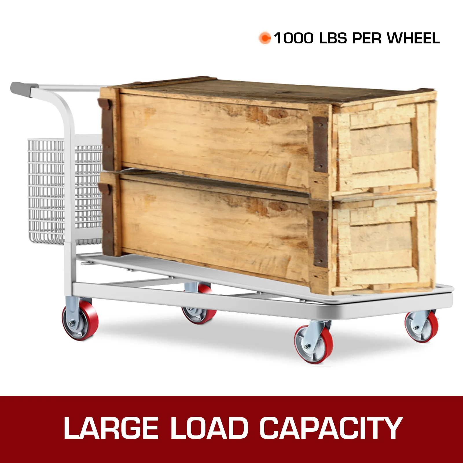hand truck with VEVOR caster wheels carrying wooden crates, 1000 lbs per wheel capacity.