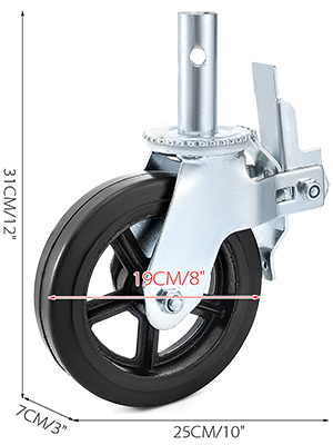 Габарити коліс для будівельних риштувань VEVOR: висота 31 см, довжина 25 см, ширина 7 см.