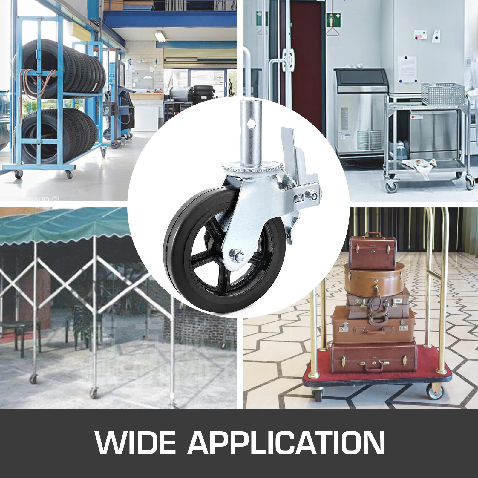 VEVOR scaffolding caster wheels showcased in various application settings.