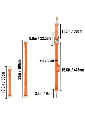 Correas de amarre con trinquete VEVOR de color naranja con dimensiones etiquetadas: 19,6 pulgadas, 39 pulgadas, 8,8 pulgadas, 11,8 pulgadas y 15,6 pies.