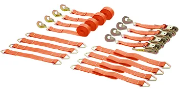 Correas de amarre con trinquete VEVOR en color naranja con ganchos de metal y trinquetes dispuestos sobre fondo blanco.