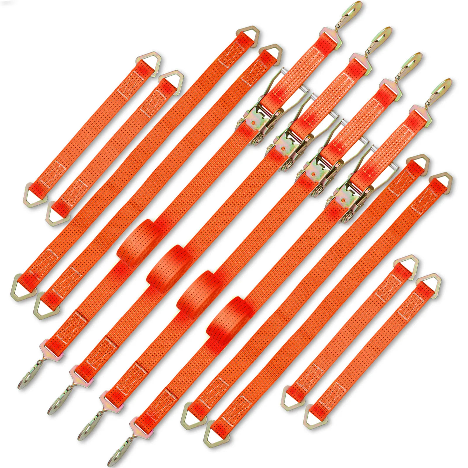 Correas de amarre con trinquete VEVOR de color naranja con ganchos y trinquetes dispuestos sobre un fondo blanco.