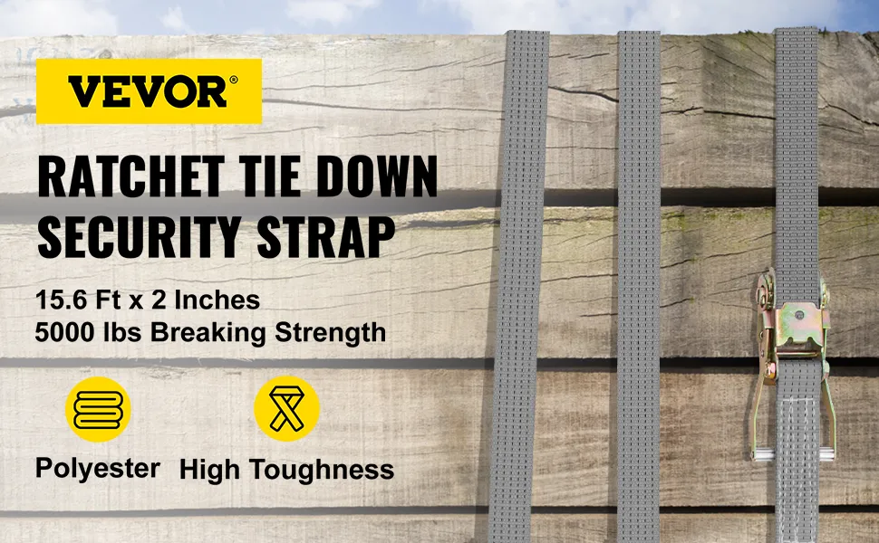 VEVOR ratchet tie down straps on wooden background with text specs and icons.