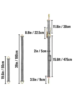 VEVOR ratchet tie down straps in various measurements with metal hooks.