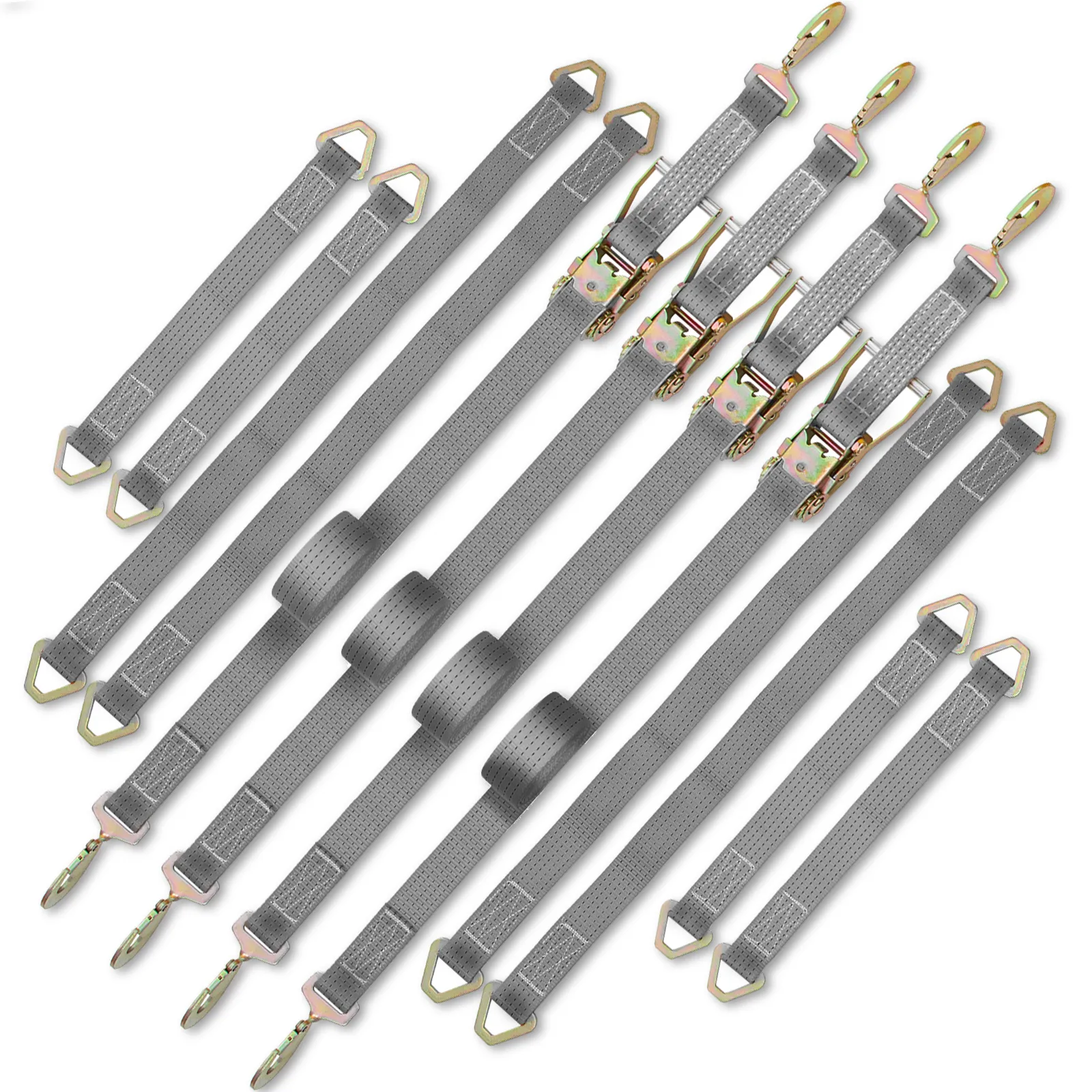 VEVOR ratchet tie down straps in various sizes, featuring hooks and durable material.