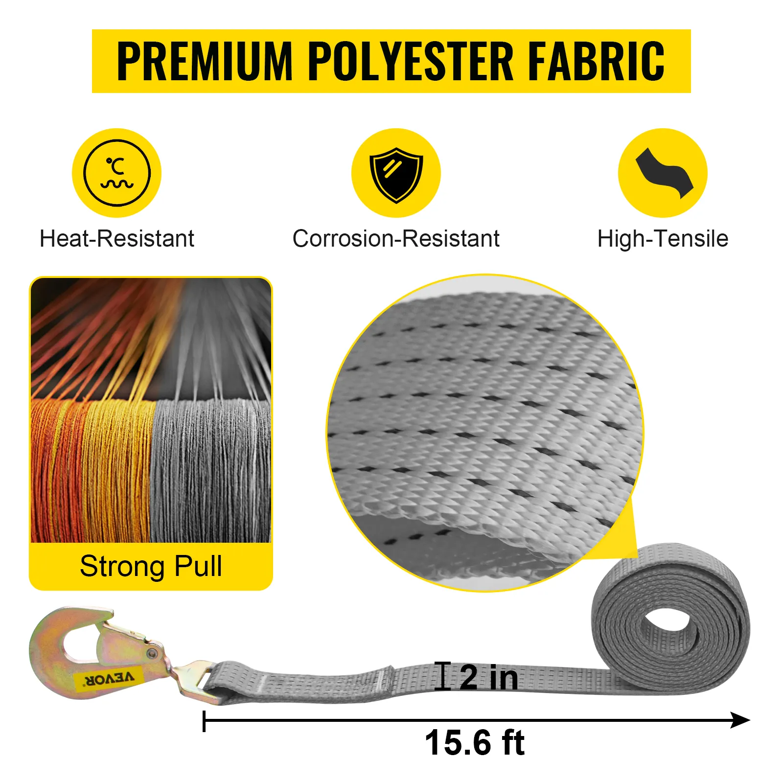 VEVOR ratchet tie down straps, premium polyester fabric, 2 in wide, 15.6 ft long.