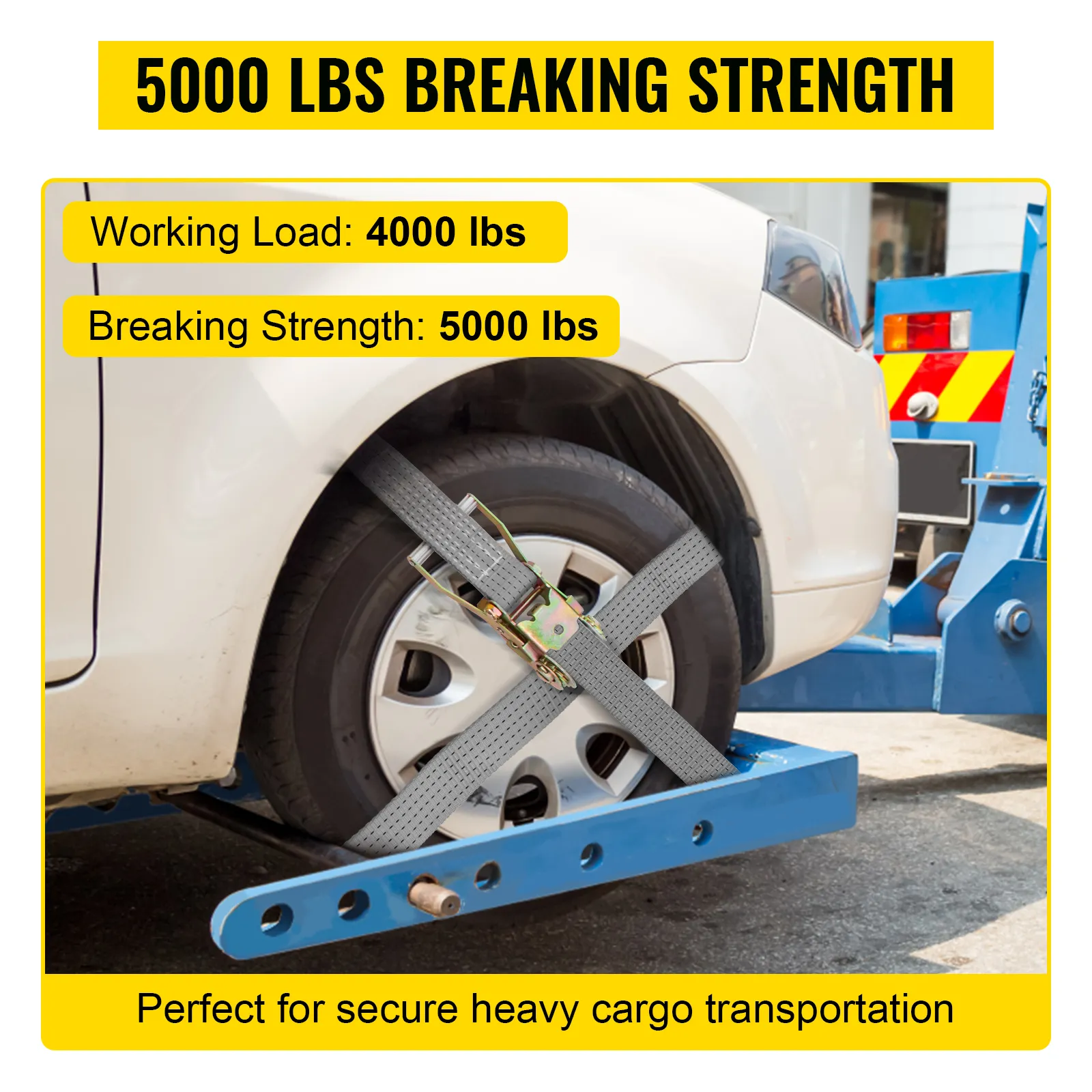 car secured with VEVOR ratchet tie down straps, 5000 lbs breaking strength, 4000 lbs load.