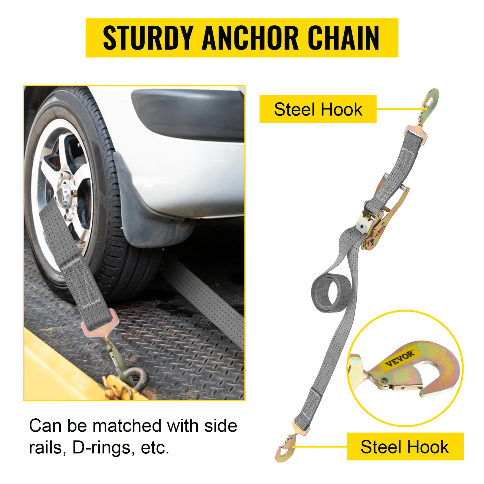 VEVOR ratchet tie down straps with steel hooks securing a vehicle's wheel.