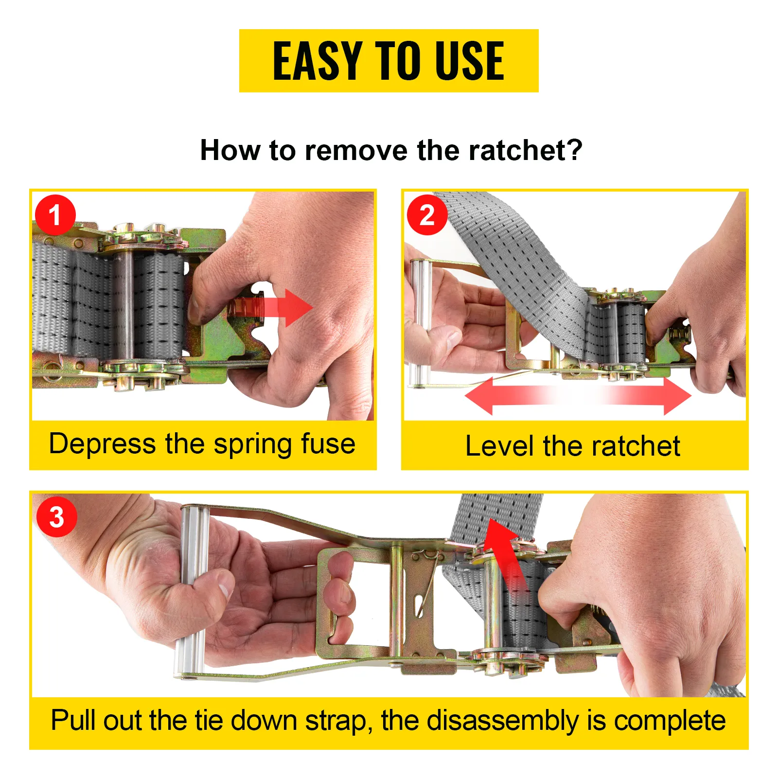 VEVOR ratchet tie down straps - easy to use disassembly instructions step-by-step.