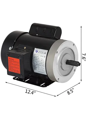 Motor eléctrico VEVOR: carcasa negra, etiqueta de advertencia roja y dimensiones.