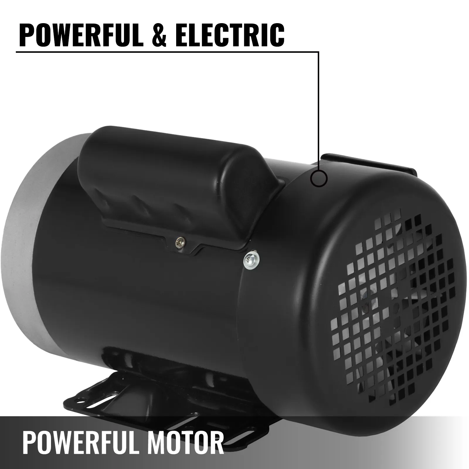 Motor eléctrico VEVOR en color negro, etiquetado como "potente y eléctrico" y centrado en su potencia.