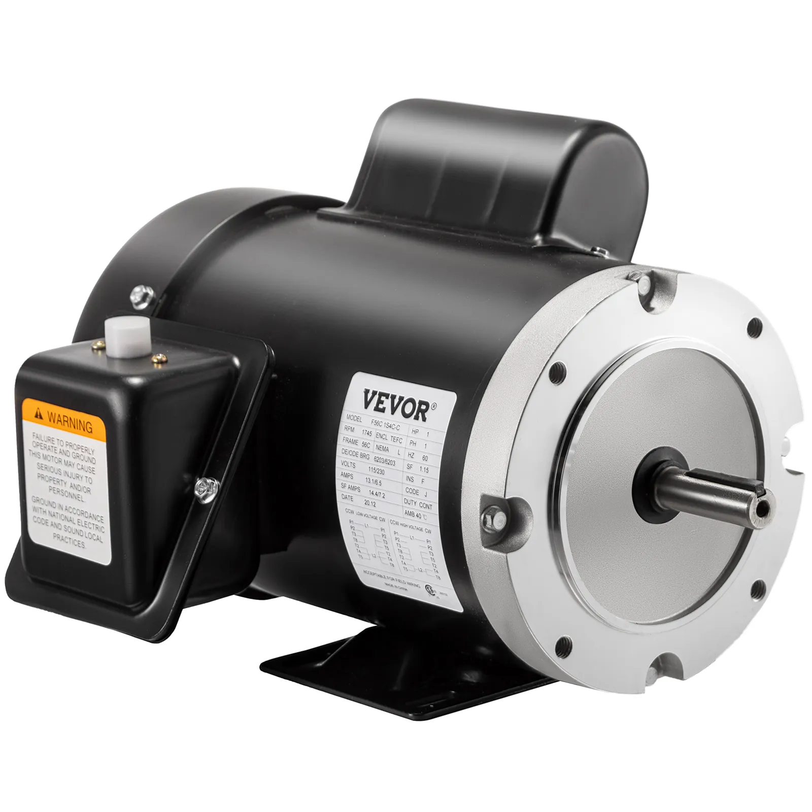 VEVOR electric motor with specifications label and warning notice on black casing.