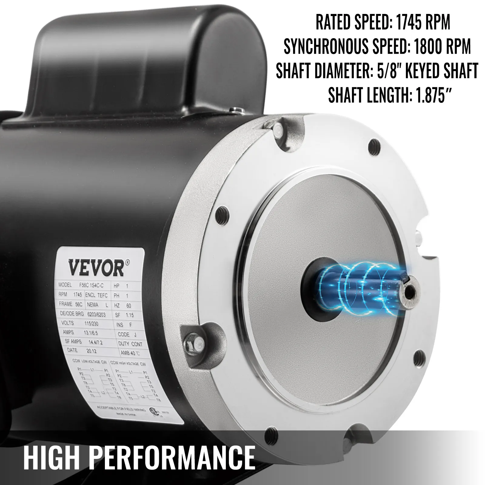 VEVOR electric motor 1 hp, 1745 rpm, 5/8" keyed shaft, high performance.