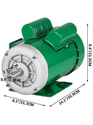 Motor eléctrico VEVOR verde con dimensiones etiquetadas en cm y mm.
