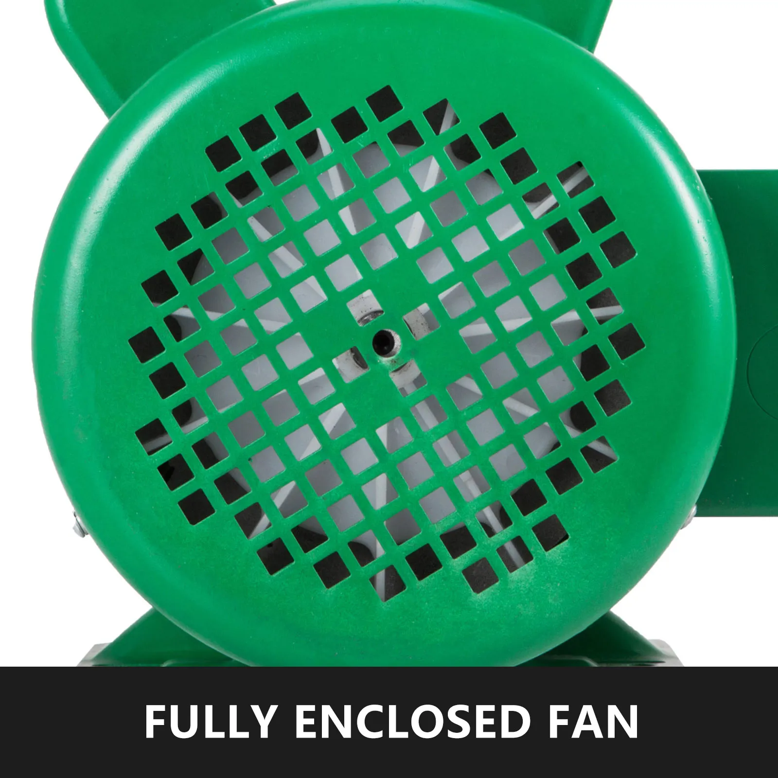 Ventilador verde totalmente cerrado de un motor eléctrico VEVOR con un patrón de rejilla negra.