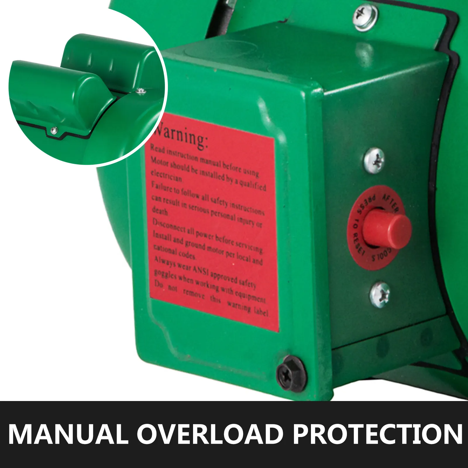 Motor eléctrico VEVOR con protección de sobrecarga manual y etiqueta de advertencia.