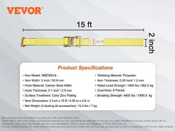VEVOR-Spanngurte mit Ratsche, 2 Zoll breit, 15 Fuß lang, Polyester, Haken aus Karbonstahl, 4400 lbs Tragkraft.