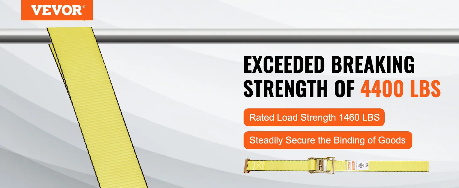 VEVOR ratchet tie down straps securing 4400 lbs load with 1460 lbs rated strength for goods binding.
