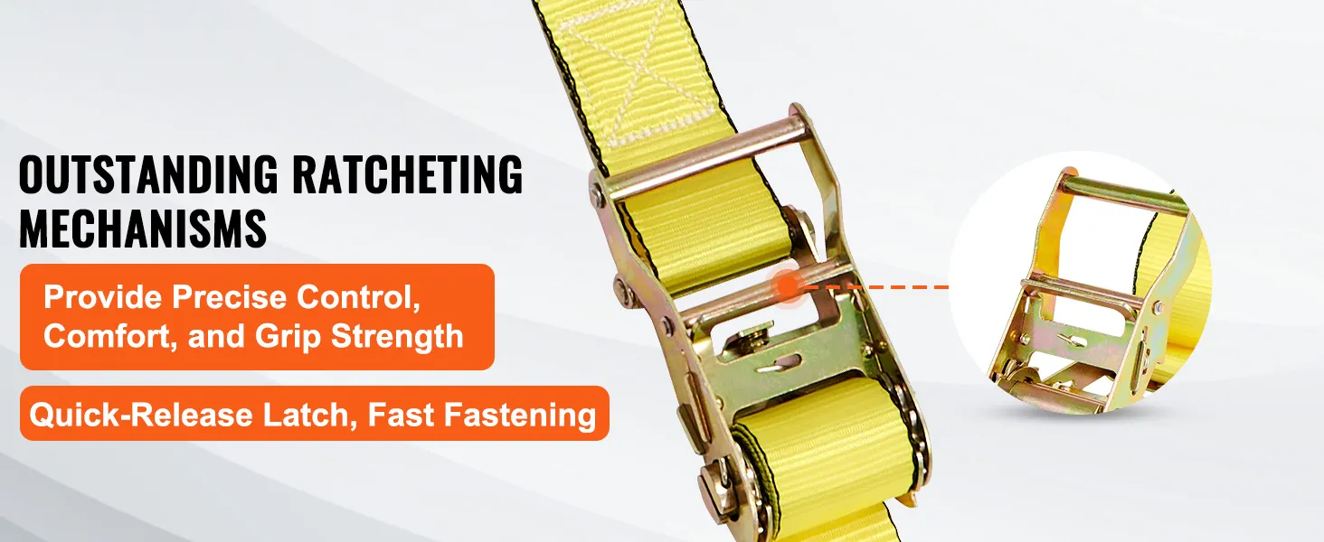VEVOR yellow ratchet strap with quick-release latch, ensuring precise control and grip.