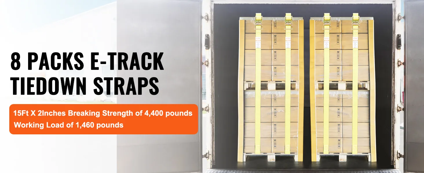 8 packs of e-track tiedown straps securing pallets in a trailer. 15ft x 2in, 4,400 lb breaking strength.