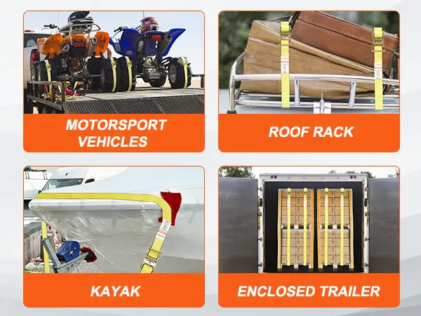 VEVOR-Ratschenspanngurte zur Sicherung von Motorsportfahrzeugen, Dachgepäckträgern, Kajaks und geschlossenen Anhängern.