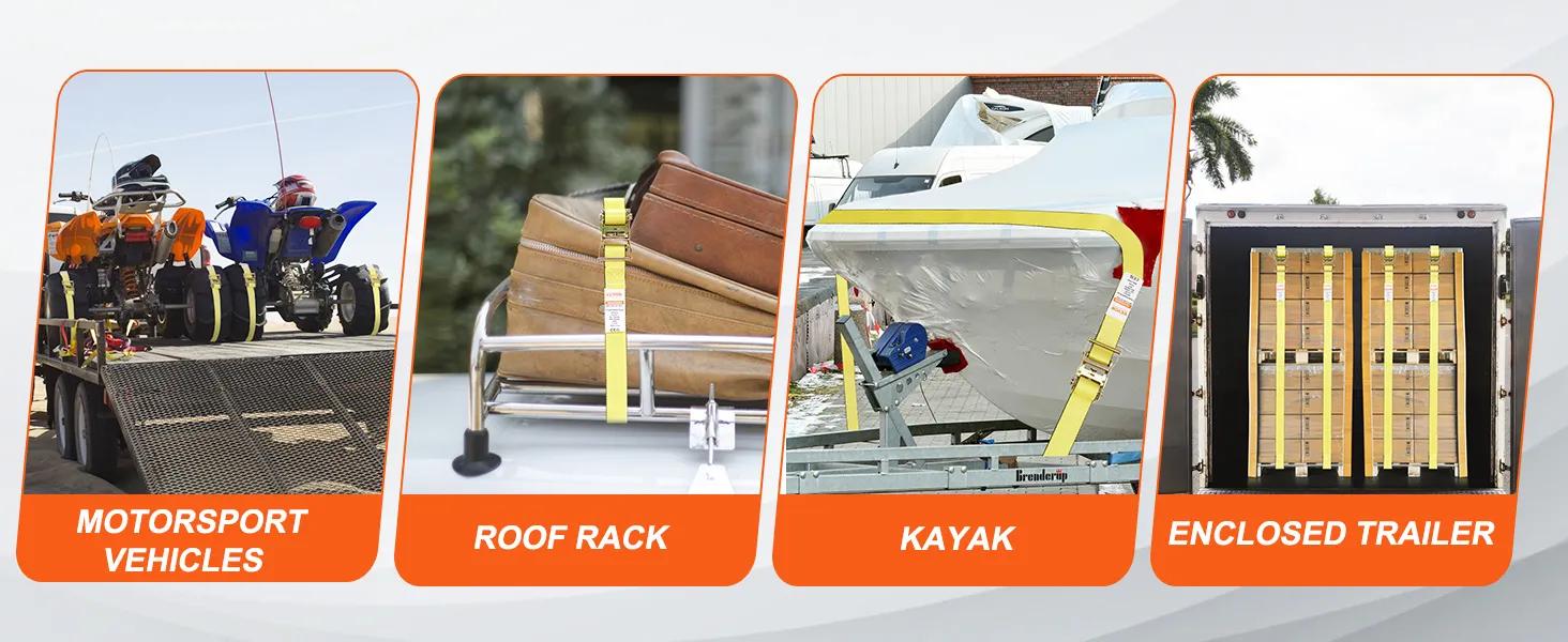 VEVOR ratchet tie down straps securing motorsport vehicles, roof rack, kayak, and enclosed trailer cargo.
