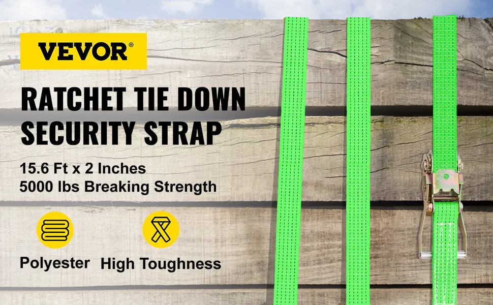 VEVOR ratchet tie down straps, 15.6 ft x 2 inches, 5000 lbs breaking strength, green polyester straps.