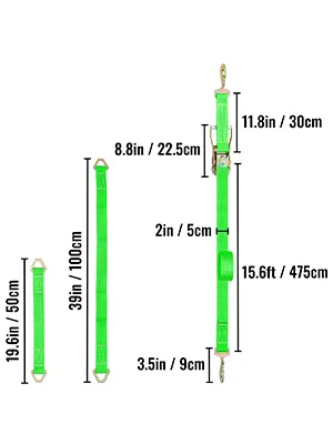 VEVOR ratchet tie down straps with measurements in green, various lengths and widths indicated.