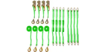 green VEVOR ratchet tie down straps with hooks, 16-piece set arranged in rows.