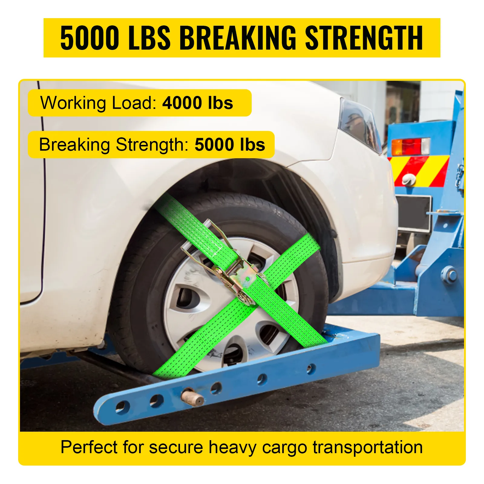 VEVOR ratchet tie down straps securing car wheel, 5000 lbs breaking strength, 4000 lbs working load.