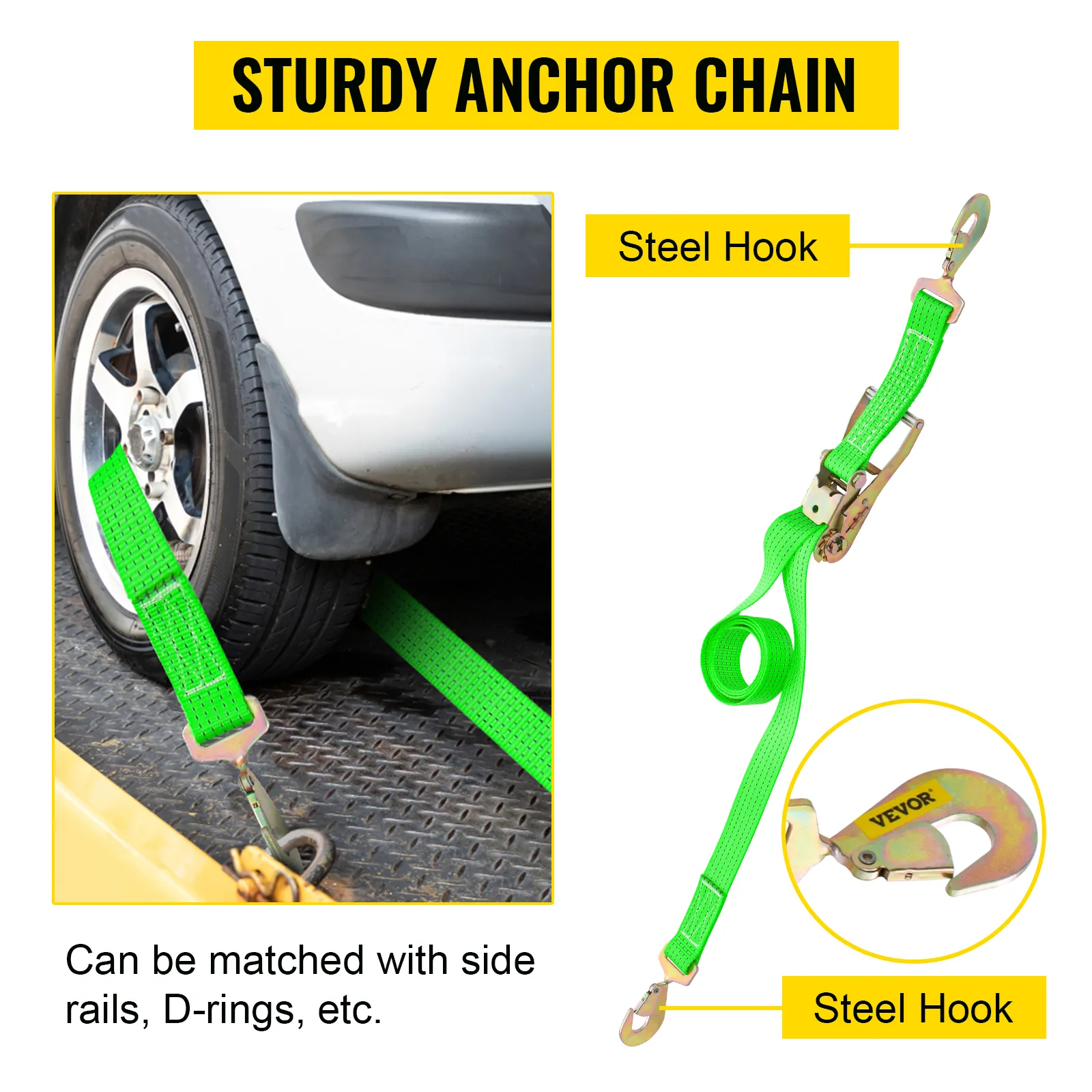 green VEVOR ratchet tie down straps securing a car wheel with steel hooks. ideal for side rails and d-rings.