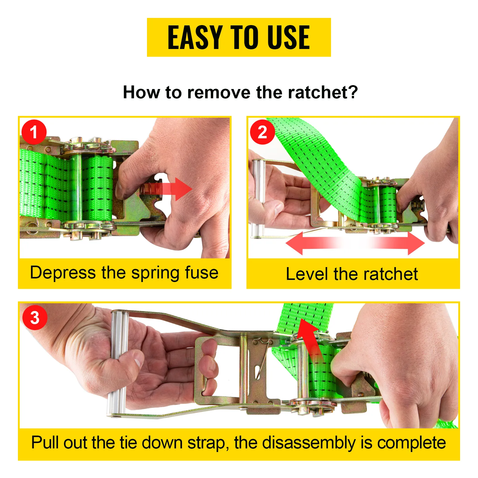 VEVOR ratchet tie down straps with steps to remove the ratchet: depress fuse, level the ratchet, pull strap.