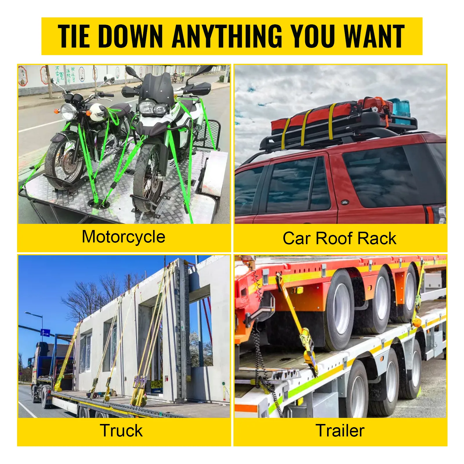 VEVOR ratchet tie down straps securing motorcycle, car roof rack, truck cargo, and trailer wheels.