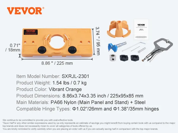VEVOR cabinet hinge jig, orange, with dimensions and accessory details displayed on a white background.