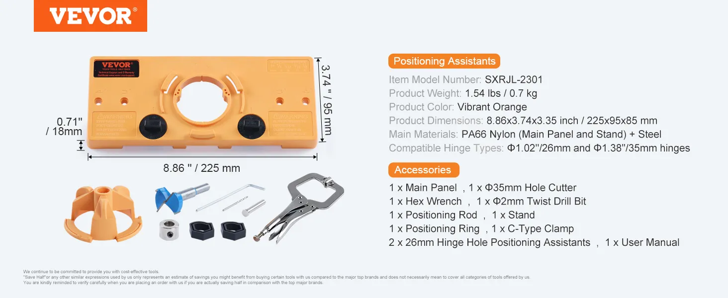 VEVOR cabinet hinge jig, orange, with dimensions and accessory details displayed on a white background.