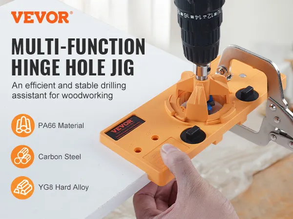 VEVOR cabinet hinge jig, efficient drilling tool for woodworking, includes pa66, carbon steel, yg8 alloy.