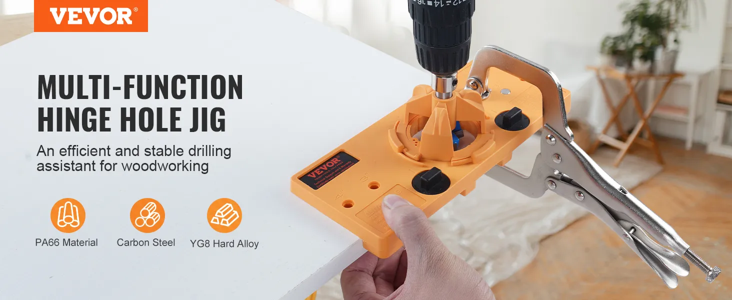 VEVOR cabinet hinge jig, efficient drilling tool for woodworking, includes pa66, carbon steel, yg8 alloy.