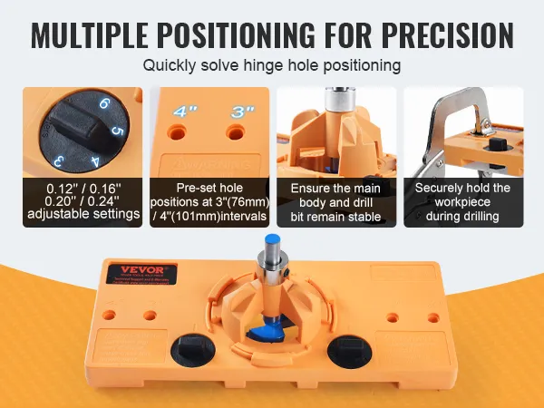 VEVOR cabinet hinge jig for precise hinge hole positioning, adjustable settings, and secure drilling.