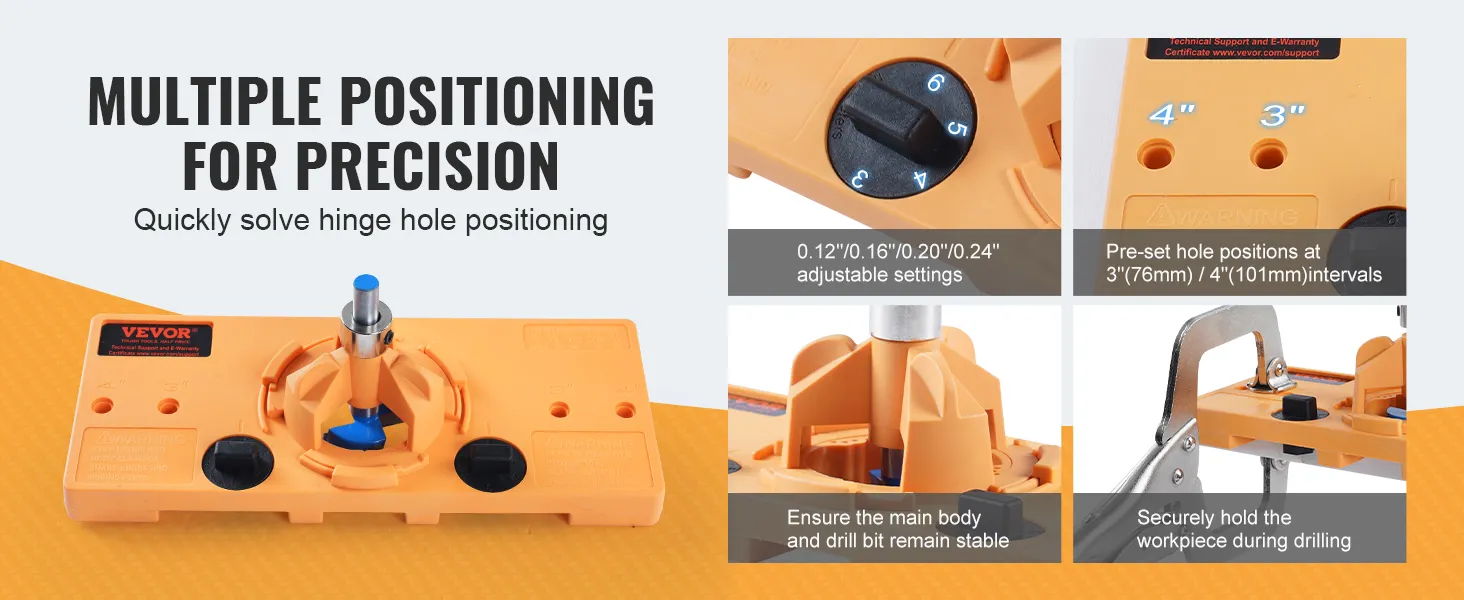 VEVOR cabinet hinge jig for precise hinge hole positioning, adjustable settings, and secure drilling.